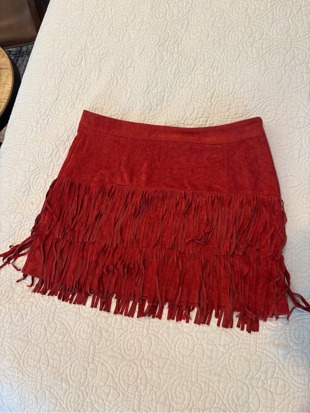 SHEIN Red Suede Fringe Mini Skirt
